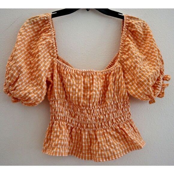 ASTR The Label ALT17038B-003 Women's Sz S Orange Check Puff Sleeve Smocked Top - Picture 2 of 6